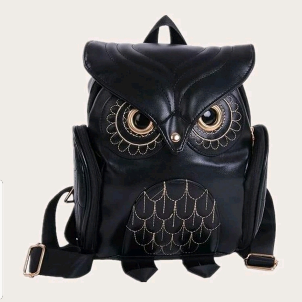 Black And Gold Faux Leather Owl Backpack! New!